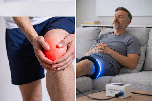 Man using MendWave PEMF device one knee