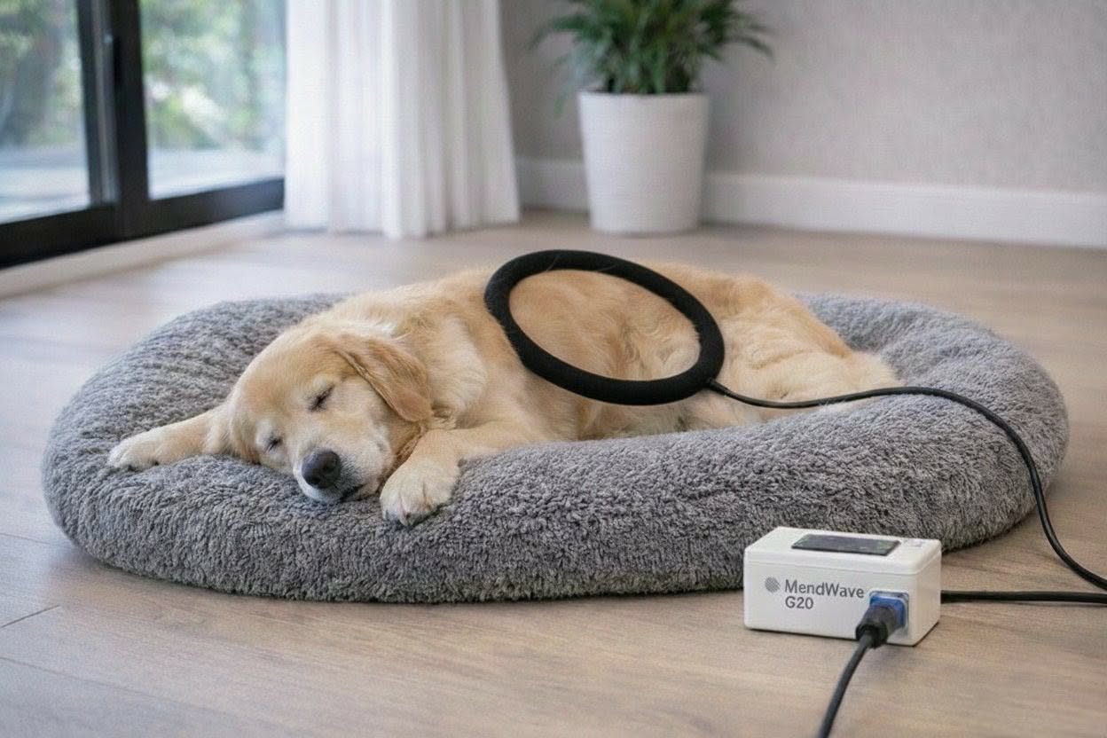Dog using Mendwave PEMF device for pain