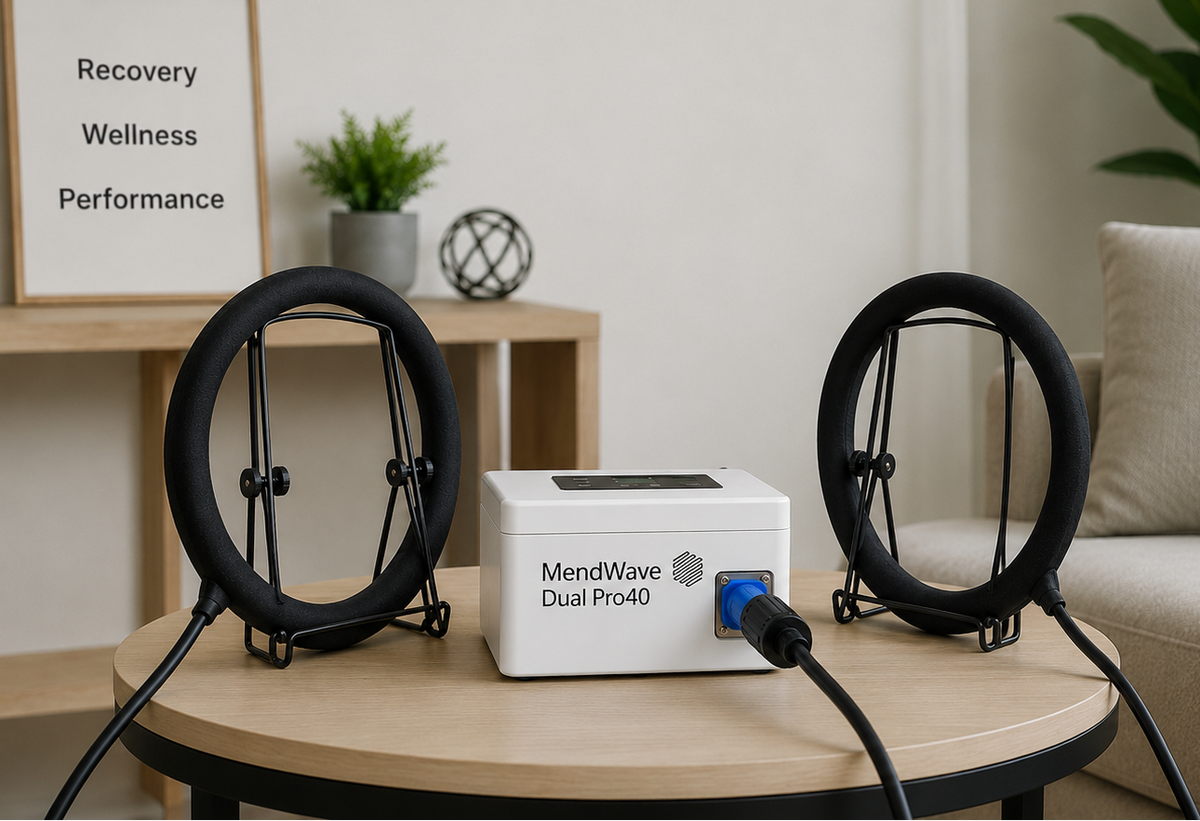 Pro40 PEMF therapy Machine for home use on a coffee  table
