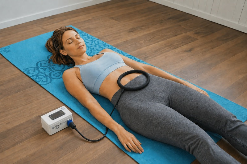 Woman using PEMF therapy device
