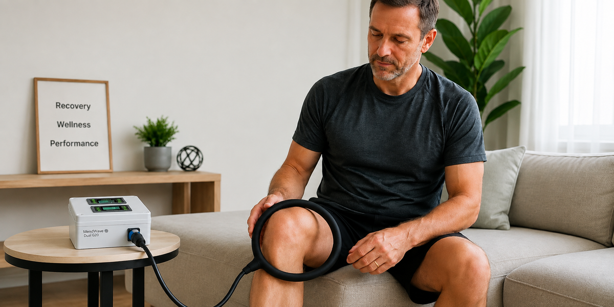 man using PEMF therapy device on knee